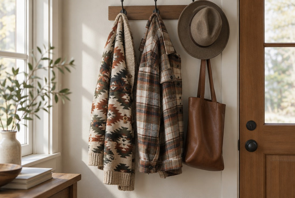 An aztec-pattern knit cardigan and a plaid shacket hanging on a coat hook by a door, a felt hat and a leather tote beside them, soft morning light