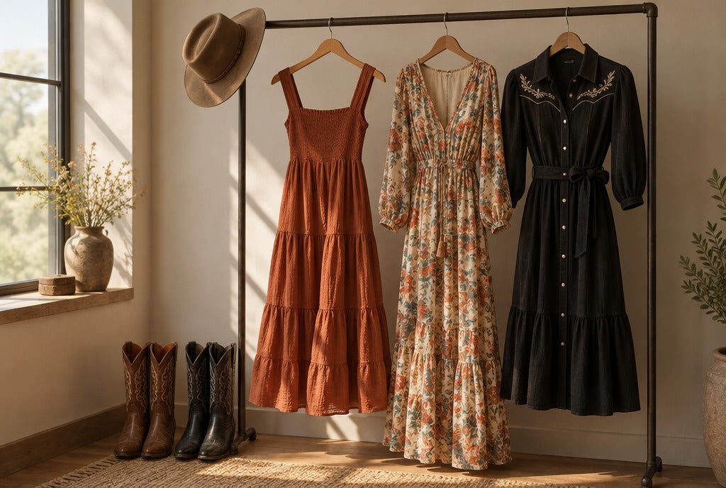 Three boutique dresses — a rust tiered midi, a floral boho maxi and a black western midi — hanging on a rail beside cowboy boots and a felt hat, warm afternoon light