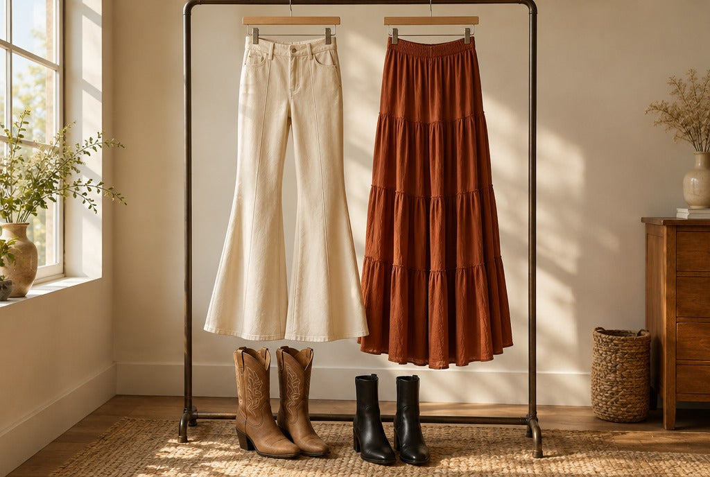 Cream flare pants and a rust tiered maxi skirt hanging on a rail above a pair of tan cowboy boots and black ankle boots, warm natural light