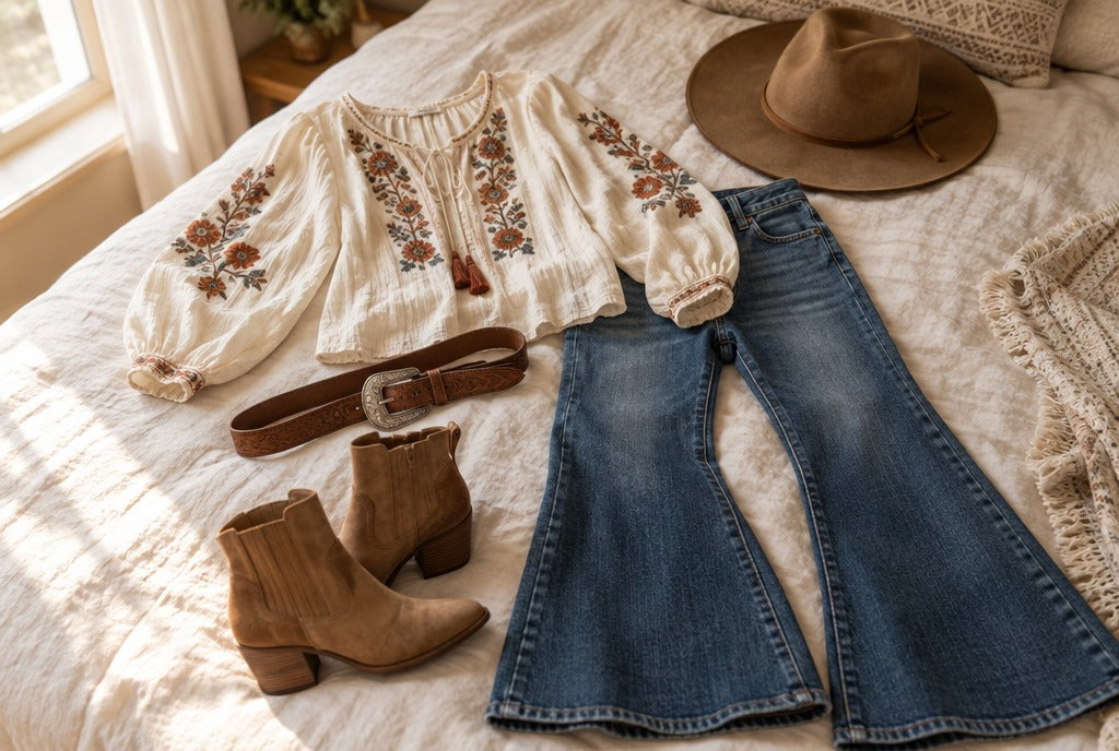 A western boho outfit laid out on a bed — an embroidered peasant blouse, flare jeans, a leather belt with a silver buckle, a felt hat and tan ankle boots — warm morning light