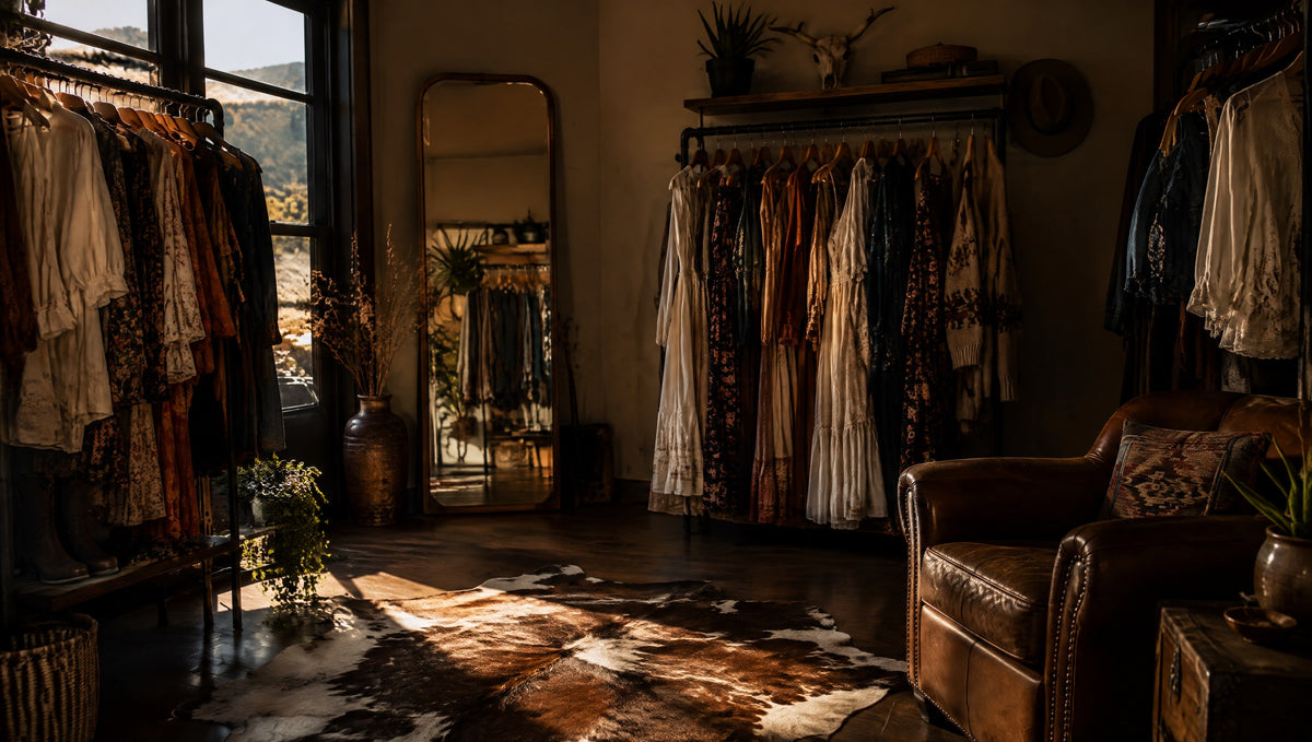 Sunny western boho boutique with rails of blouses, dresses and cardigans