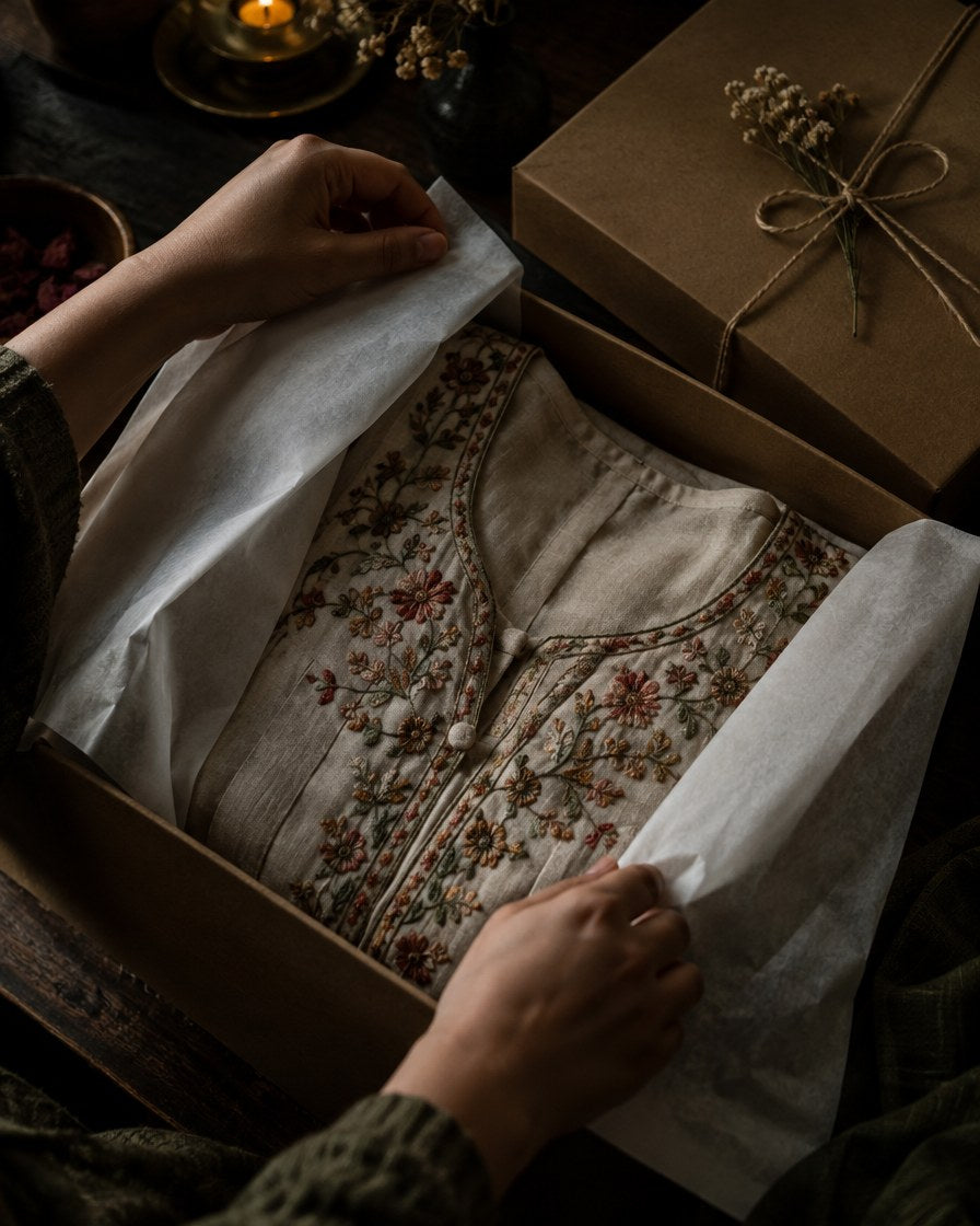 Folded embroidered blouse wrapped in tissue paper