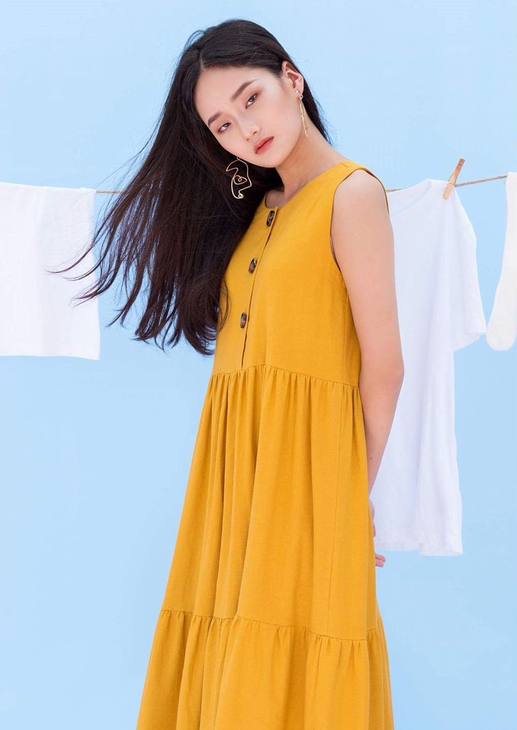 Thea Yellow Linen Smocked Maxi Dress — view 3