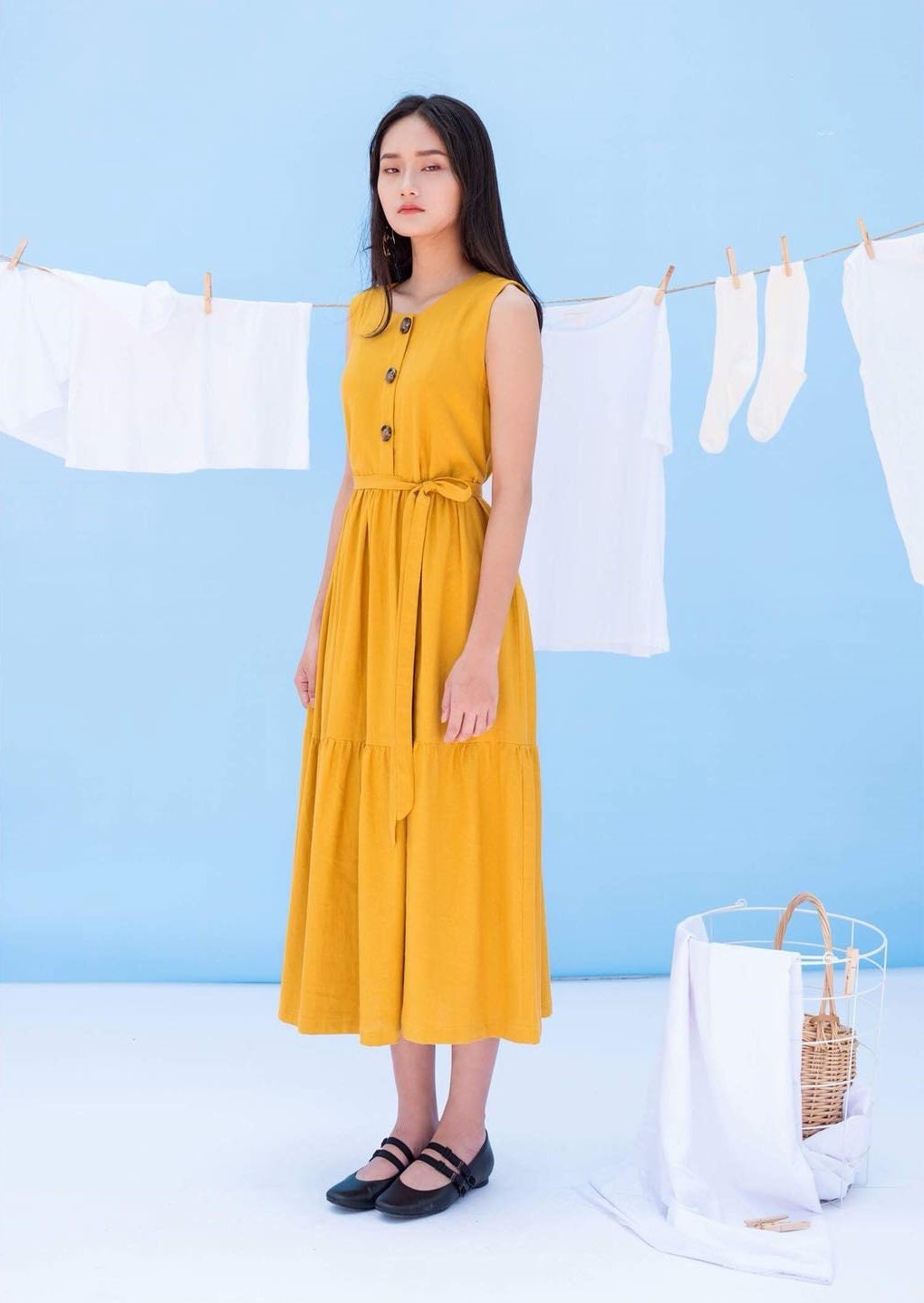 Thea Yellow Linen Smocked Maxi Dress — view 4