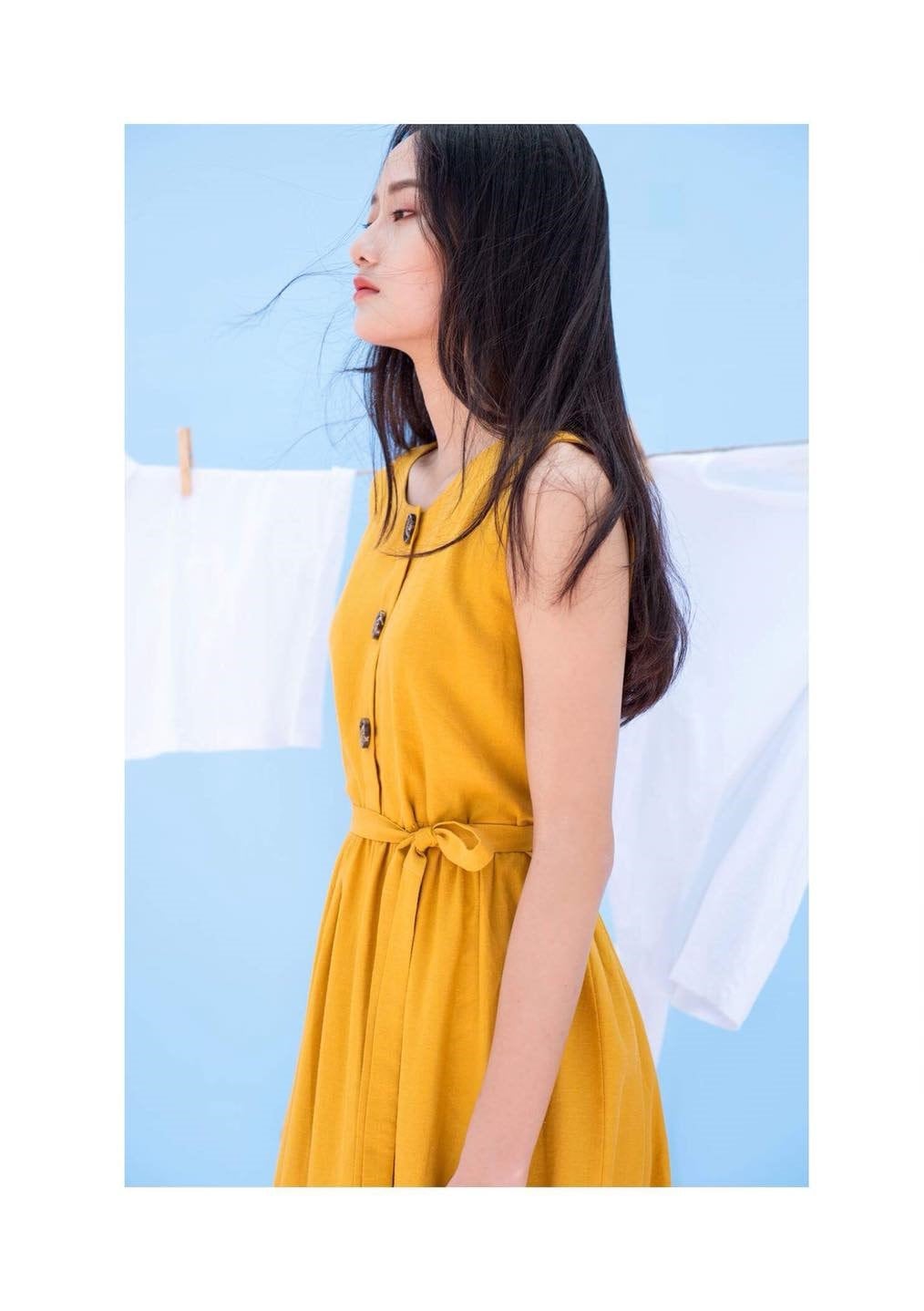 Thea Yellow Linen Smocked Maxi Dress — view 2