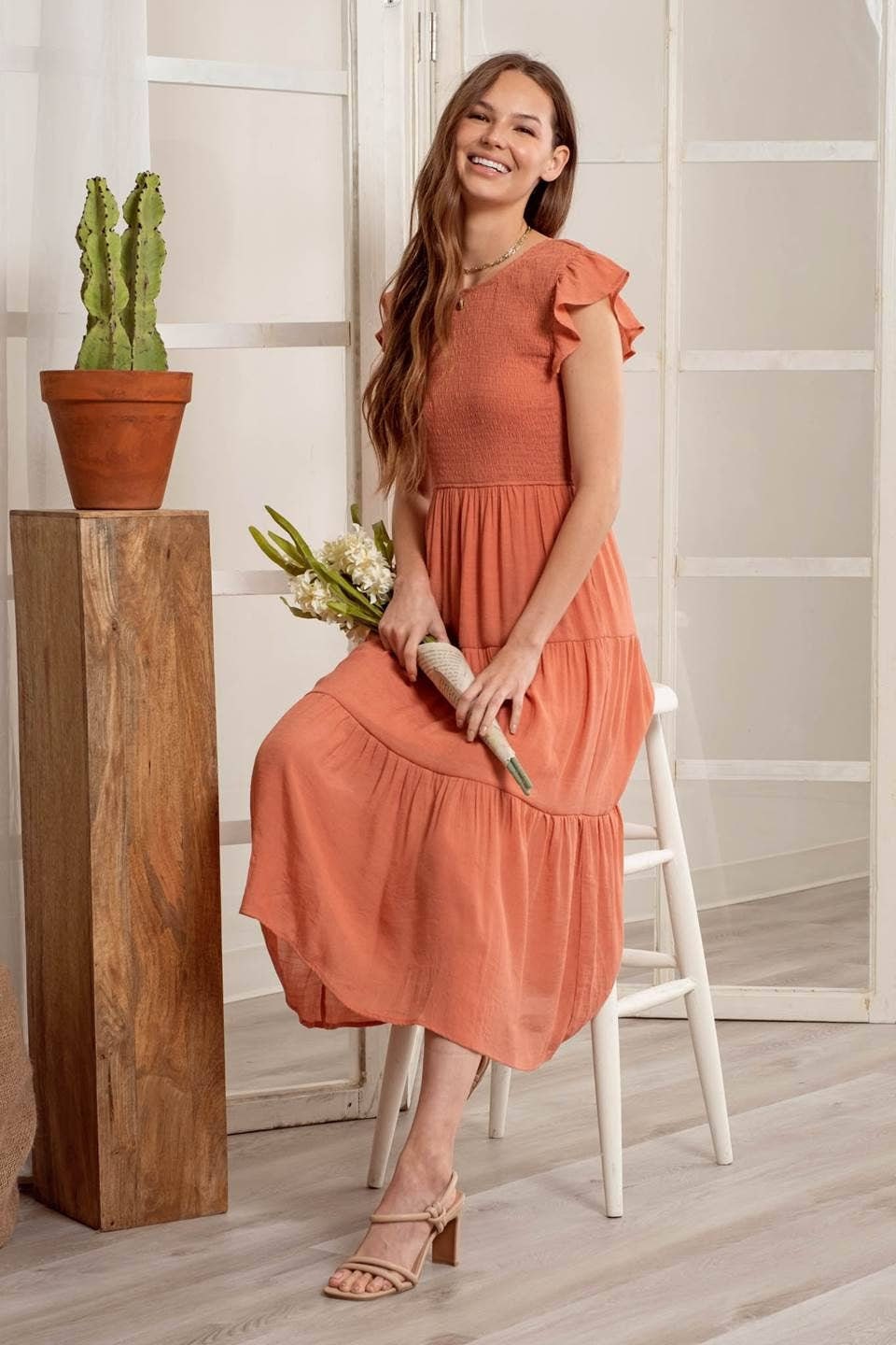 Flora Orange Tiered Midi Dress — view 3
