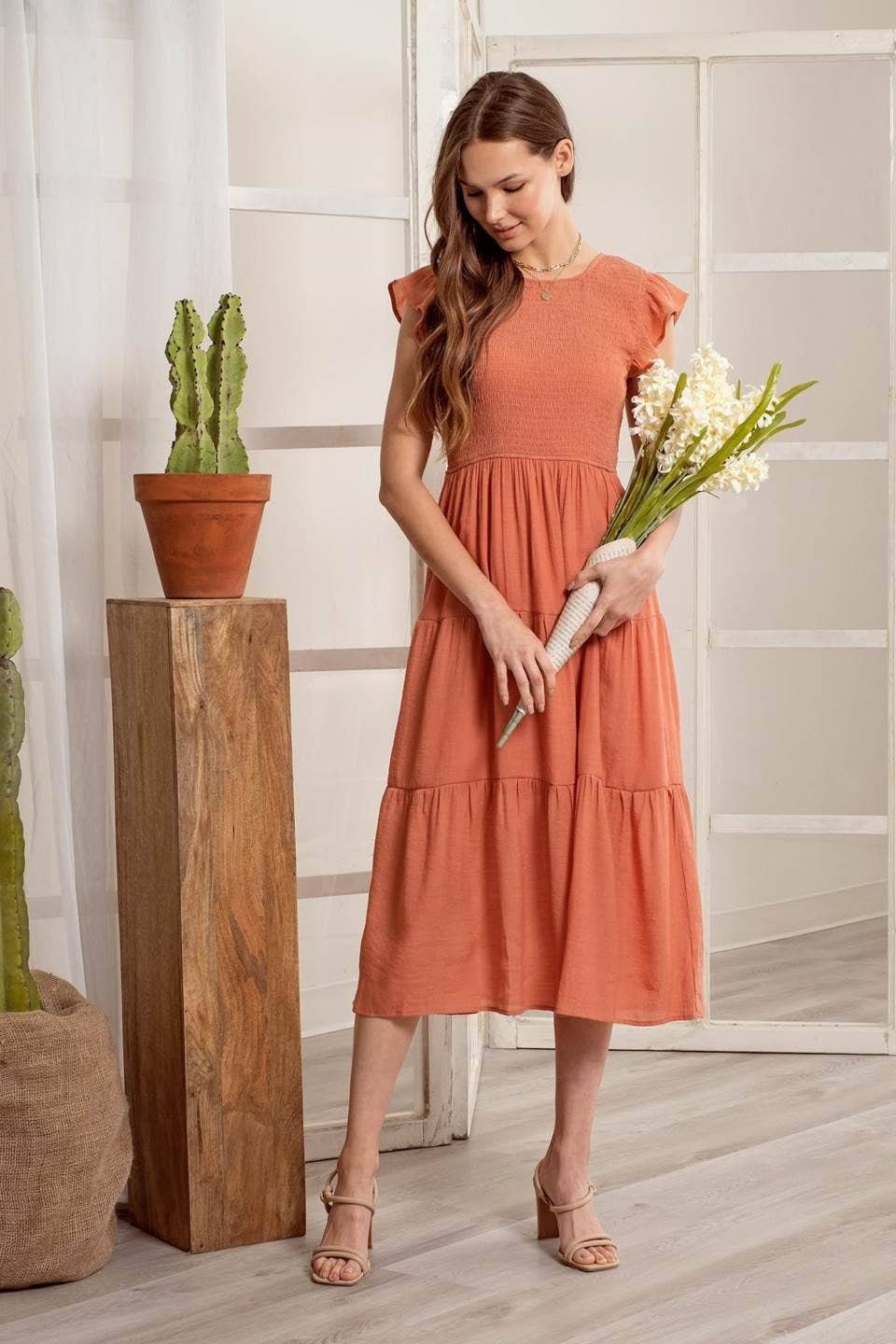 Flora Orange Tiered Midi Dress — Brisa's Boutique