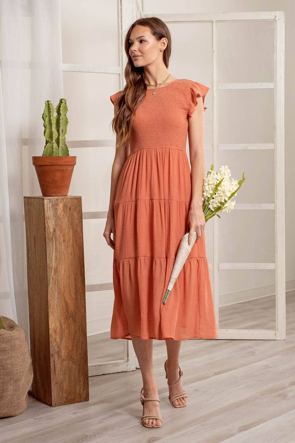 Flora Orange Tiered Midi Dress — view 5