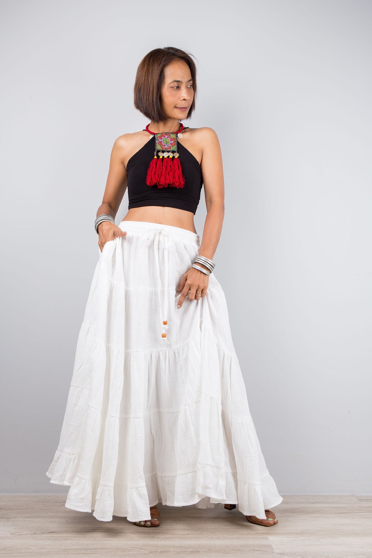 Pearl White Cotton Tiered Maxi Skirt — view 4