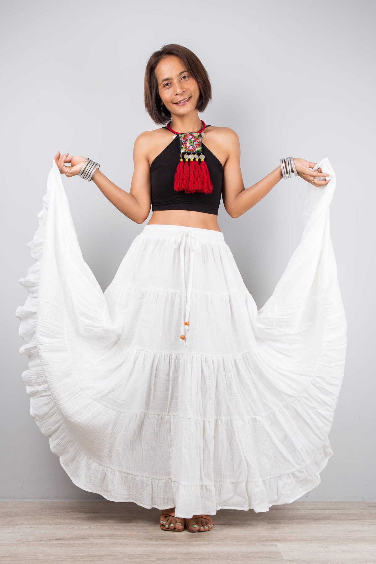 Pearl White Cotton Tiered Maxi Skirt — view 5