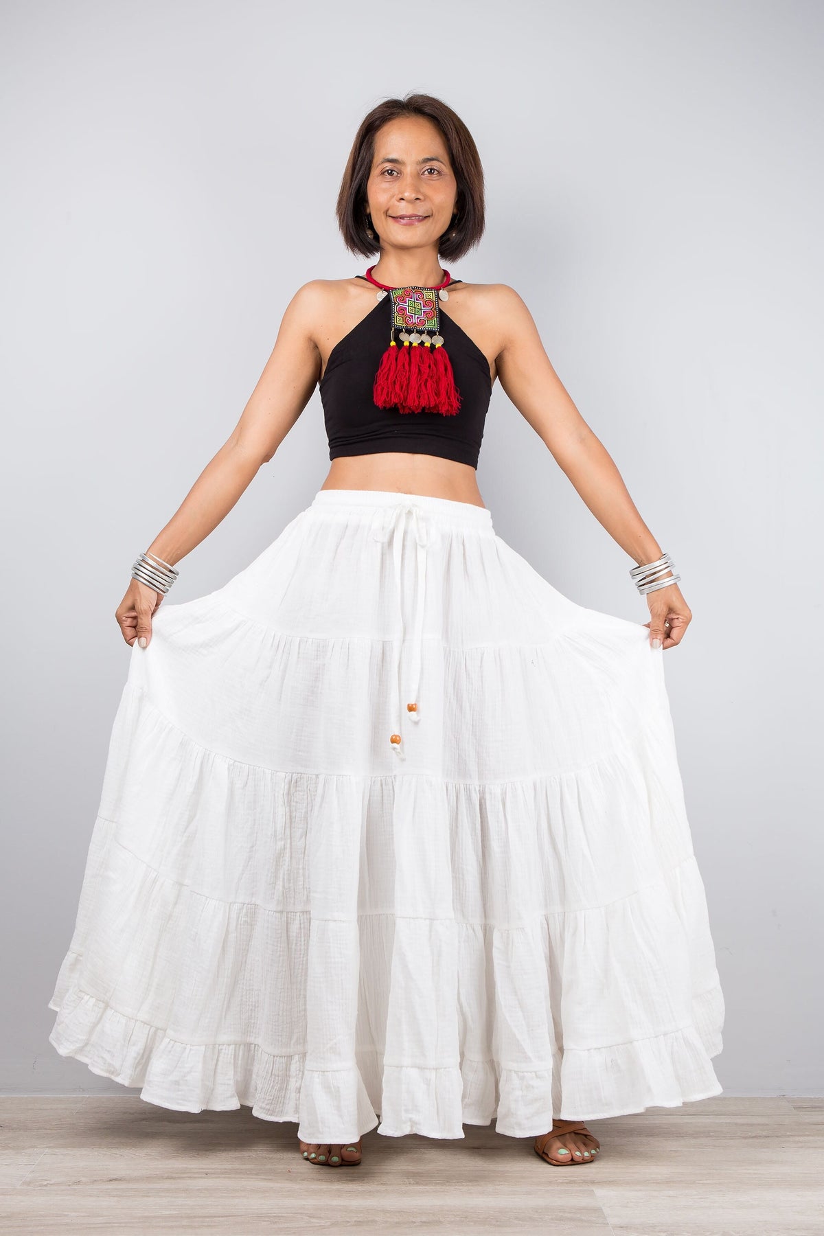 Pearl White Cotton Tiered Maxi Skirt — view 2