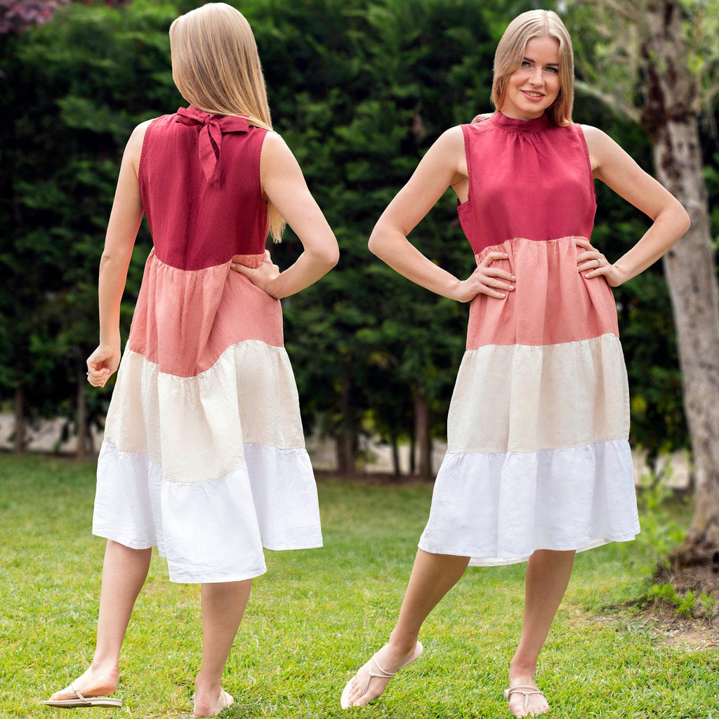 Jade Light Blue Linen Tiered Midi Dress — view 3