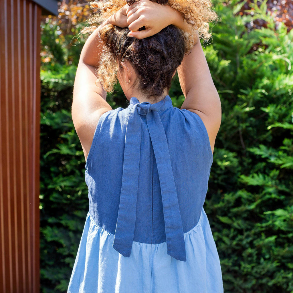 Jade Light Blue Linen Tiered Midi Dress — view 4