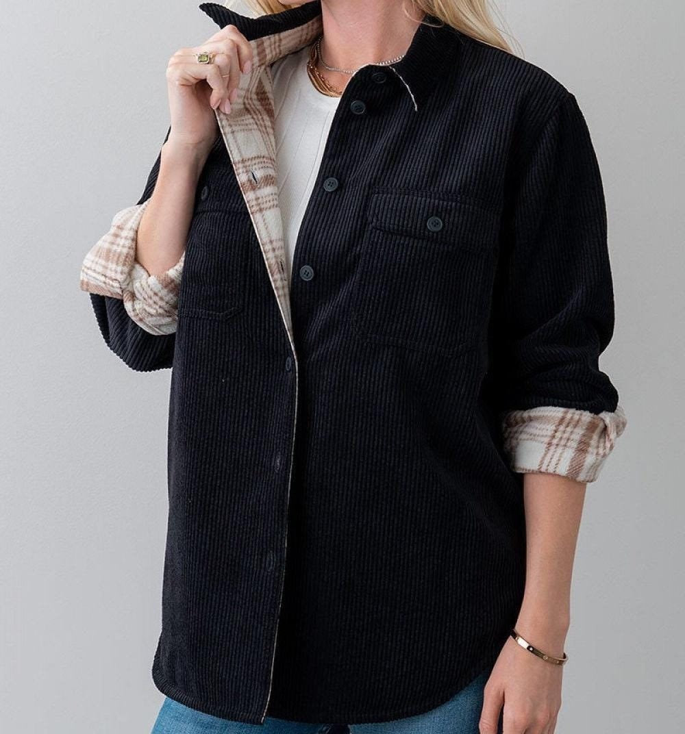 Wren Plaid Corduroy Button-Down Shacket — Brisa's Boutique