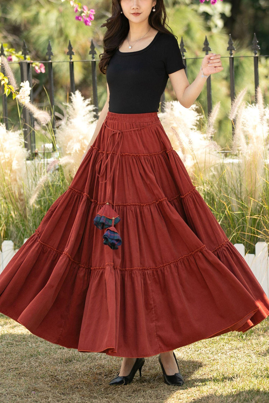 Zoe Rust Cotton Tiered Maxi Skirt — view 6