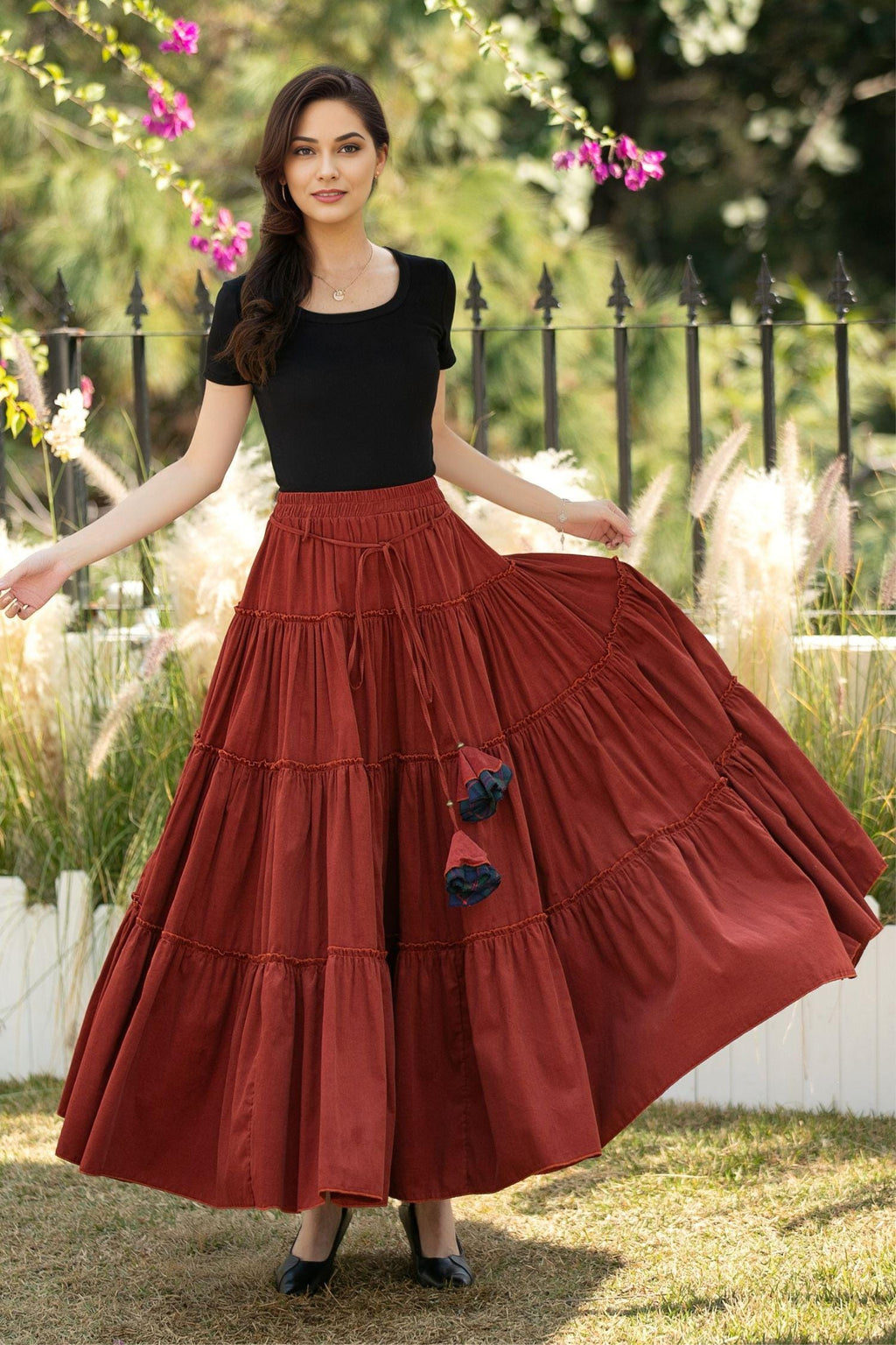Zoe Rust Cotton Tiered Maxi Skirt — view 3