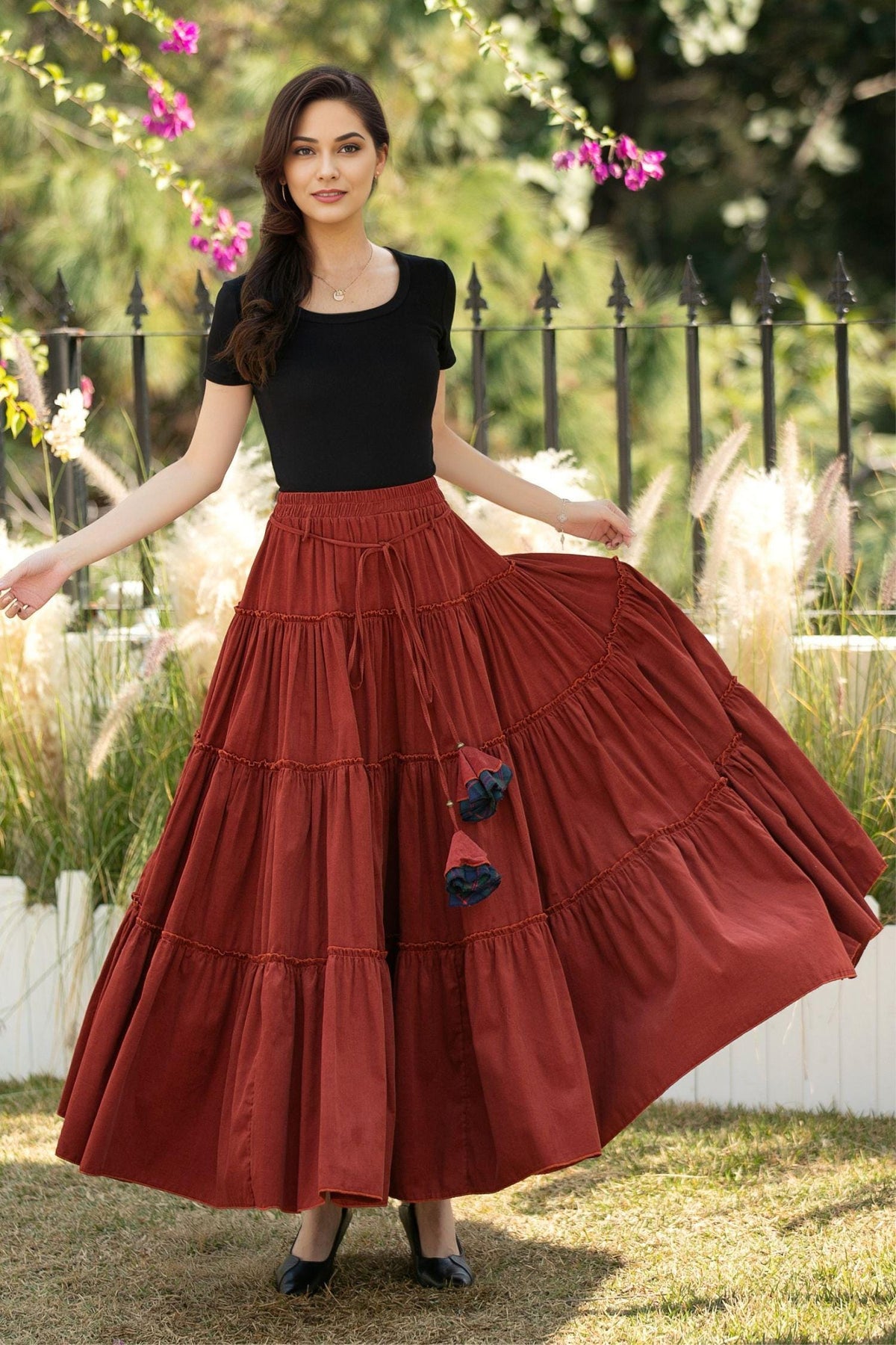 Zoe Rust Cotton Tiered Maxi Skirt — view 3