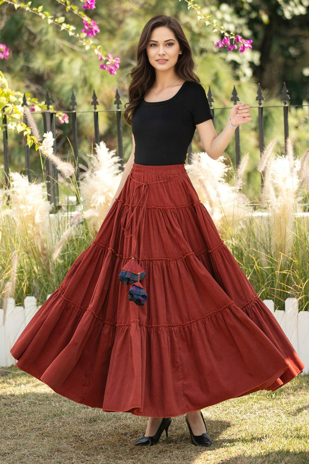 Zoe Rust Cotton Tiered Maxi Skirt — view 4