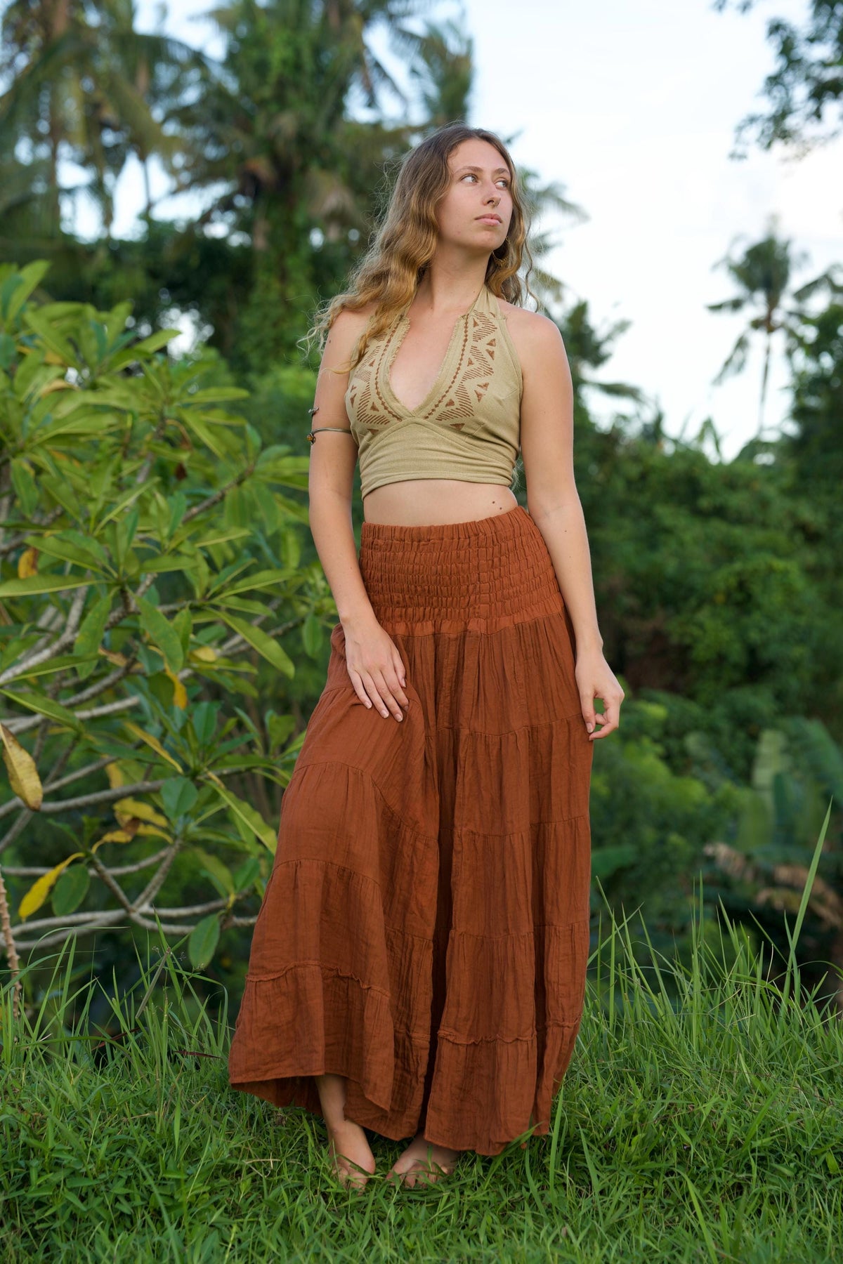 Faye Rust Cotton Tiered Maxi Skirt — view 2