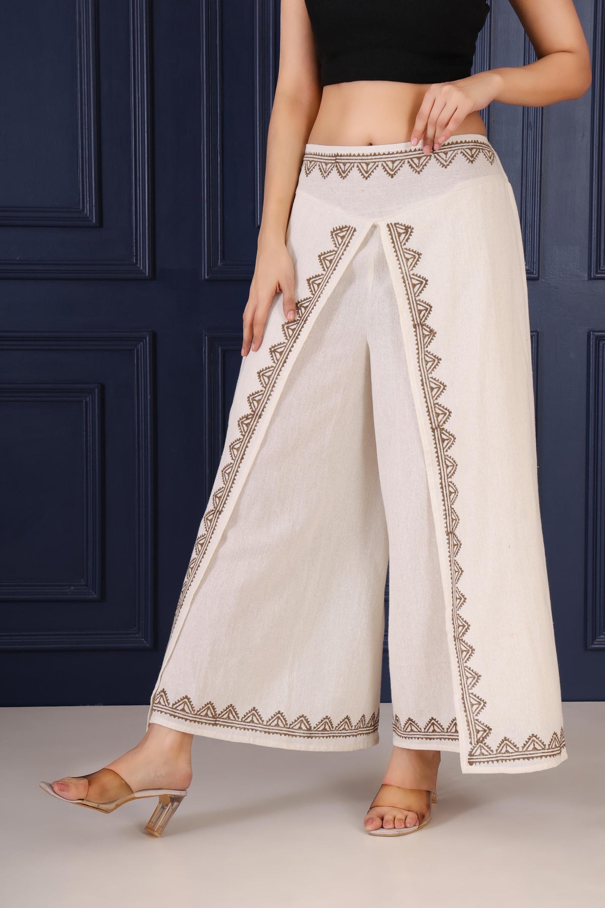 Nina Block-Print Cotton Wide-Leg Pants — view 3
