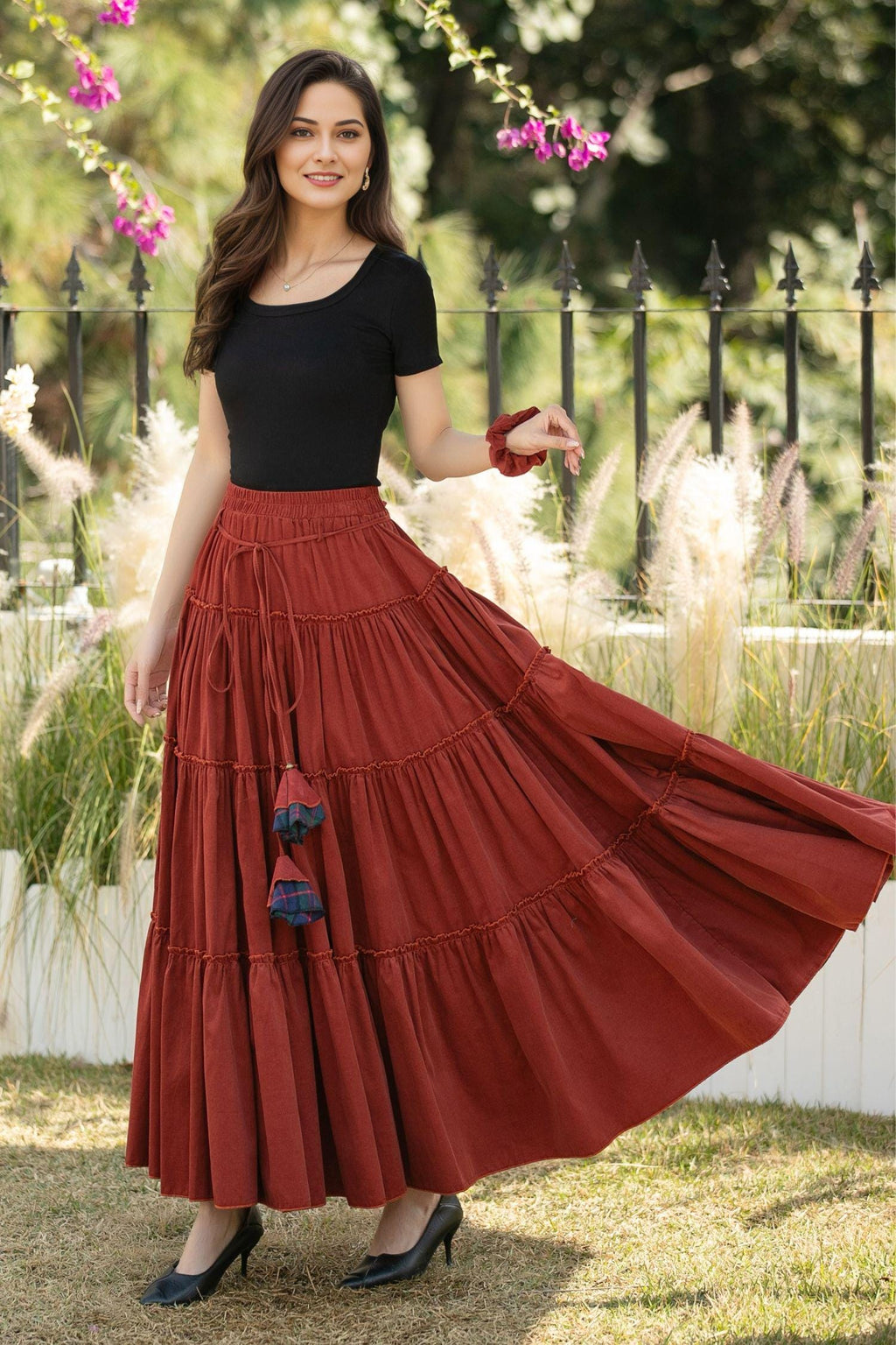 Zoe Rust Cotton Tiered Maxi Skirt — view 2