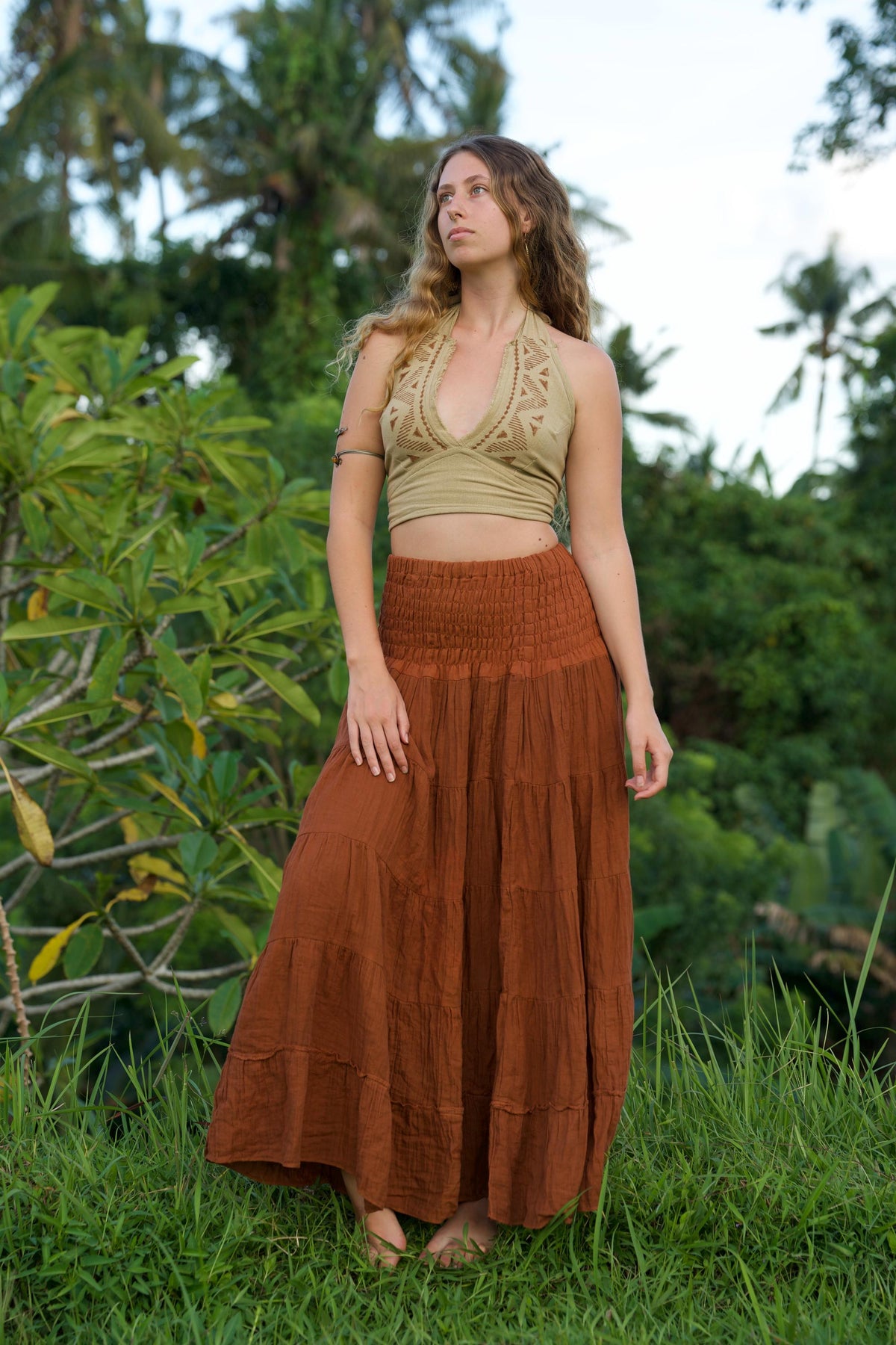 Faye Rust Cotton Tiered Maxi Skirt — view 3