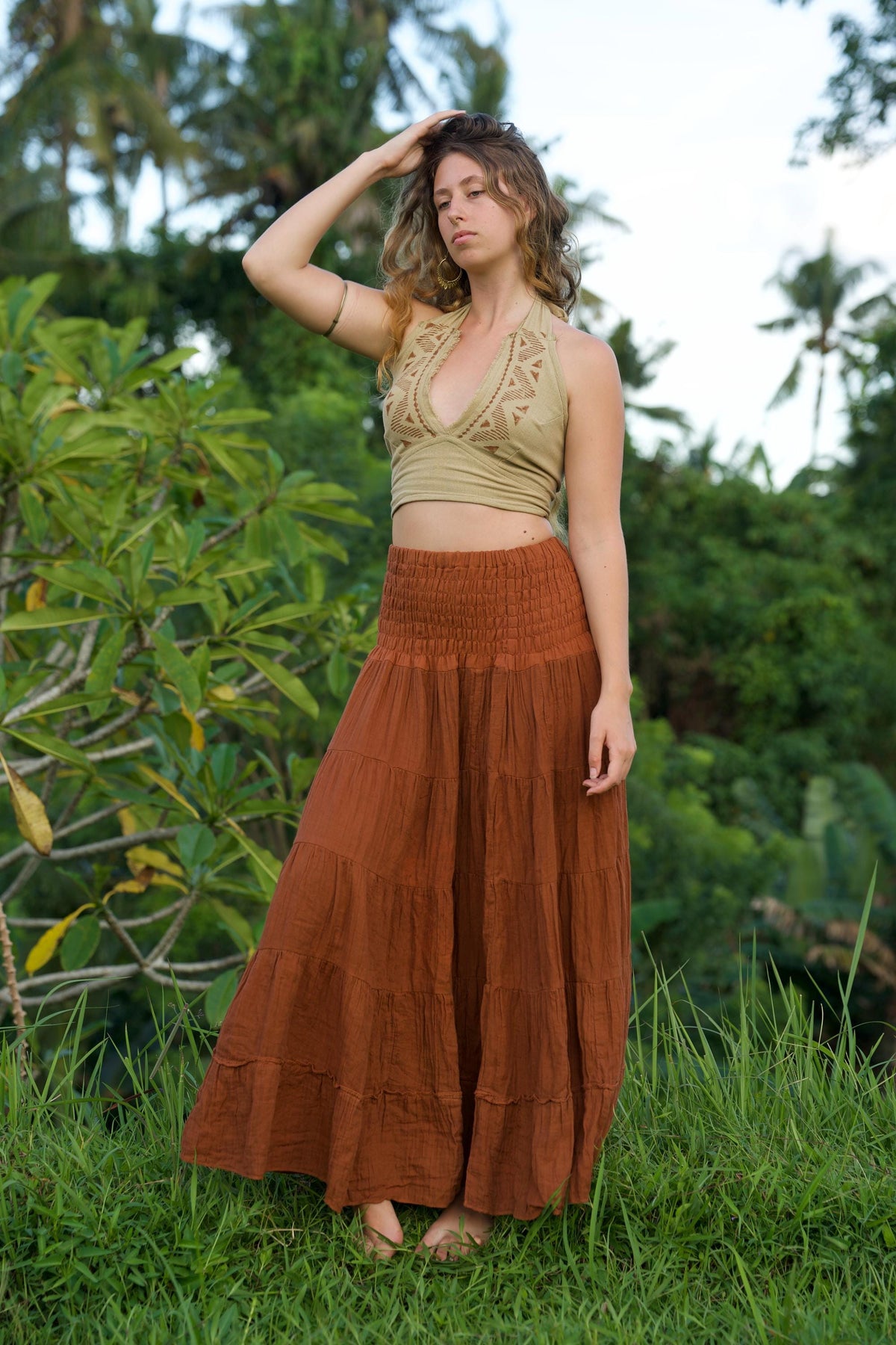 Faye Rust Cotton Tiered Maxi Skirt — view 4