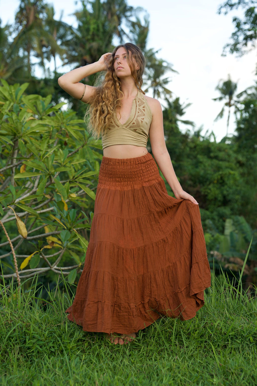 Faye Rust Cotton Tiered Maxi Skirt — view 6