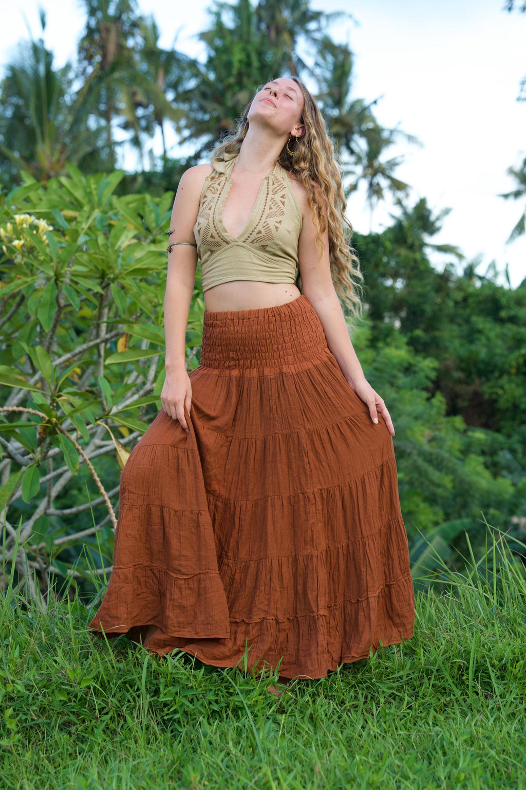 Faye Rust Cotton Tiered Maxi Skirt — Brisa's Boutique