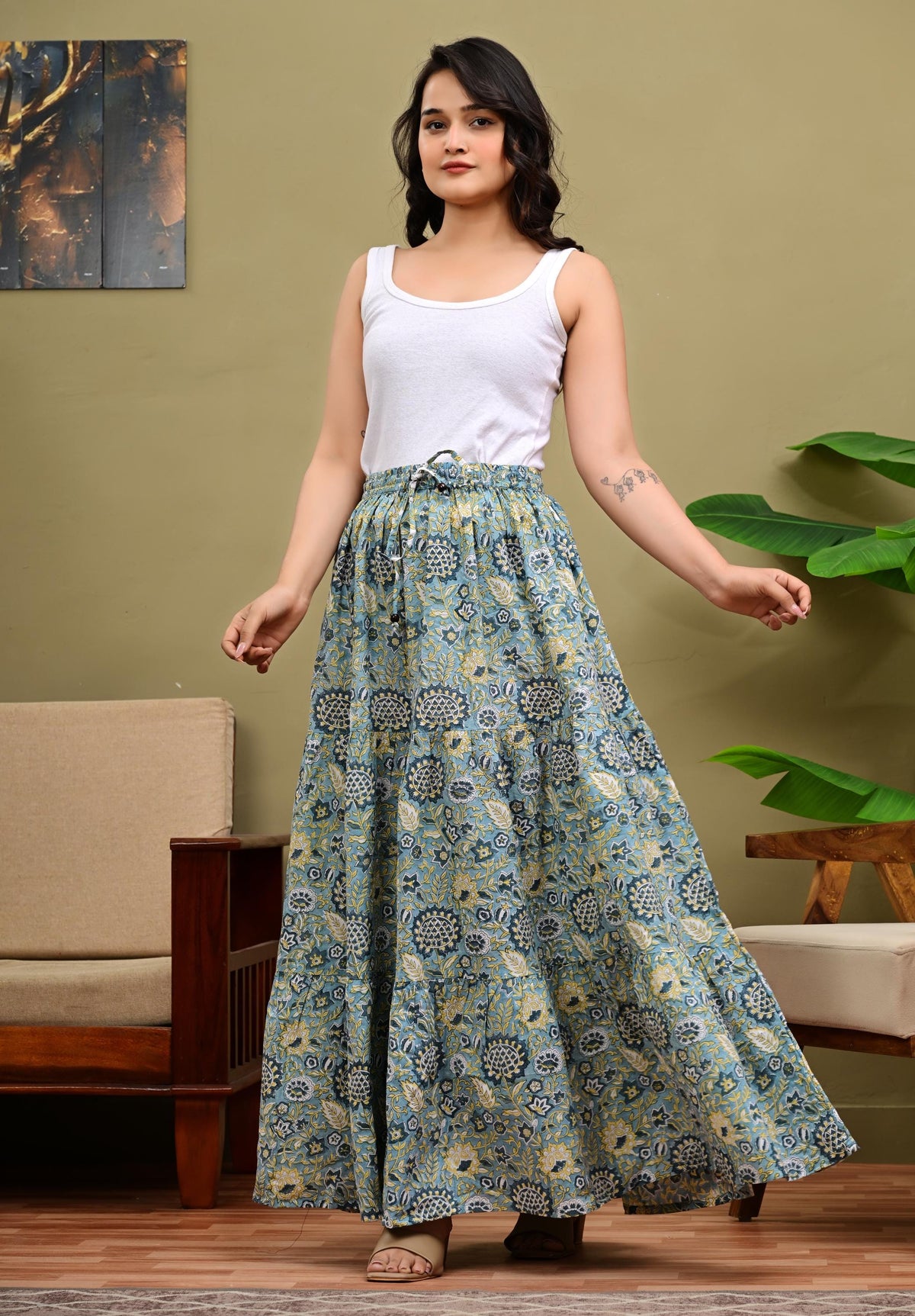 Lena Block-Print Cotton Tiered Maxi Skirt — view 4