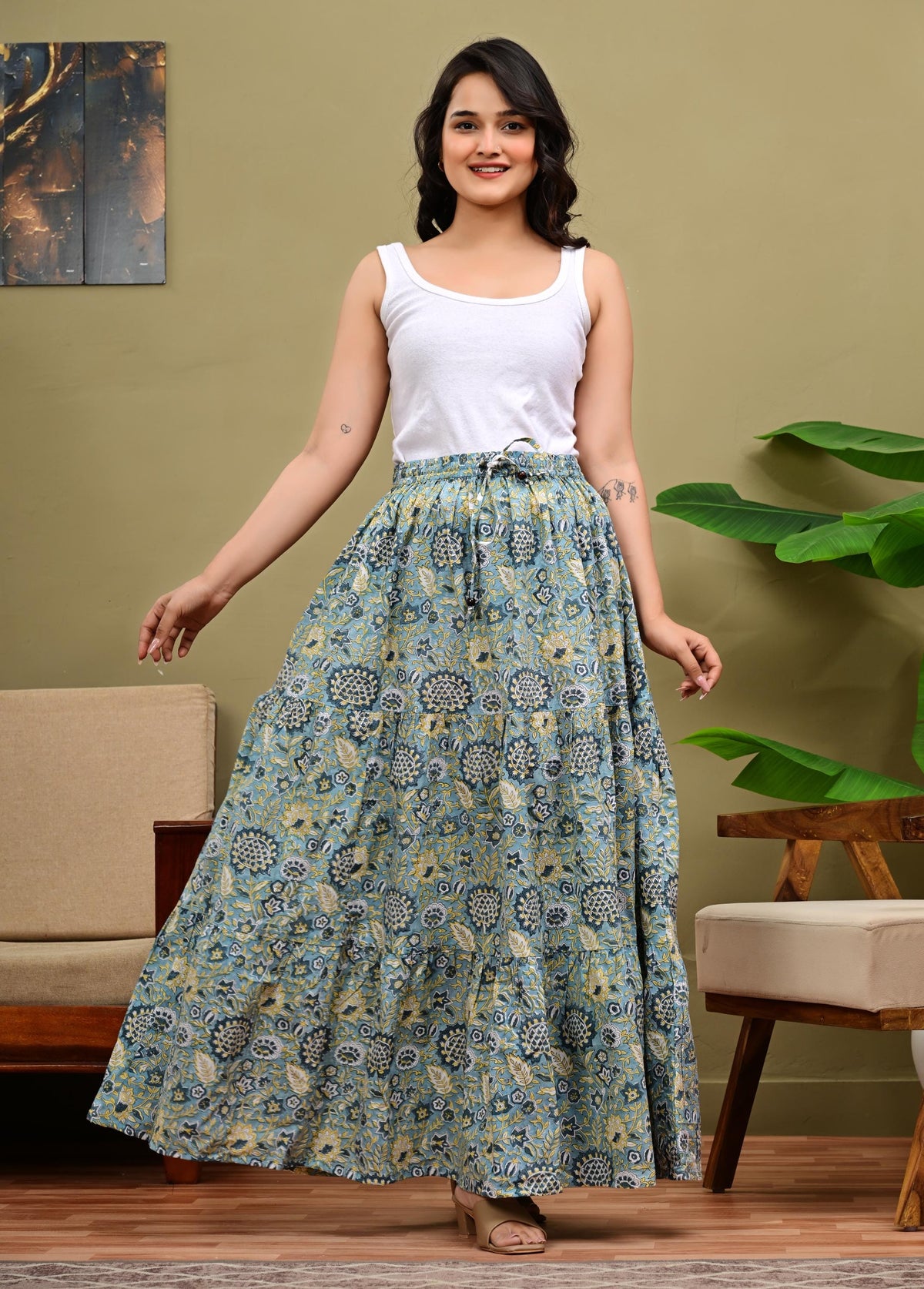 Lena Block-Print Cotton Tiered Maxi Skirt — view 5