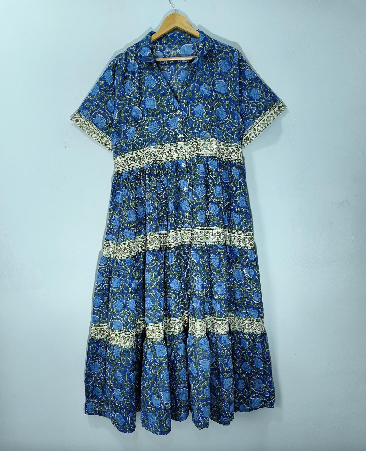 Vivi Blue Cotton Tiered Midi Dress — view 2