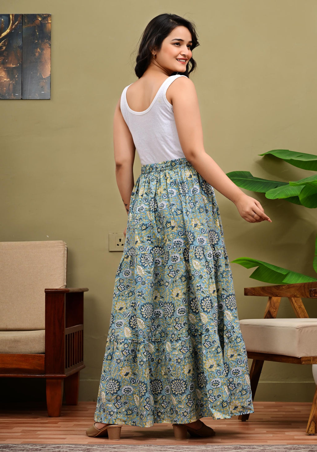 Lena Block-Print Cotton Tiered Maxi Skirt — view 6