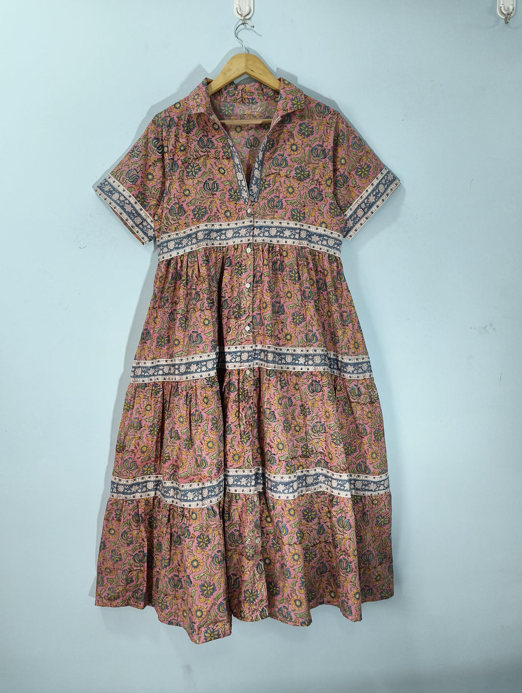 Romy Pink Cotton Tiered Midi Dress — view 2