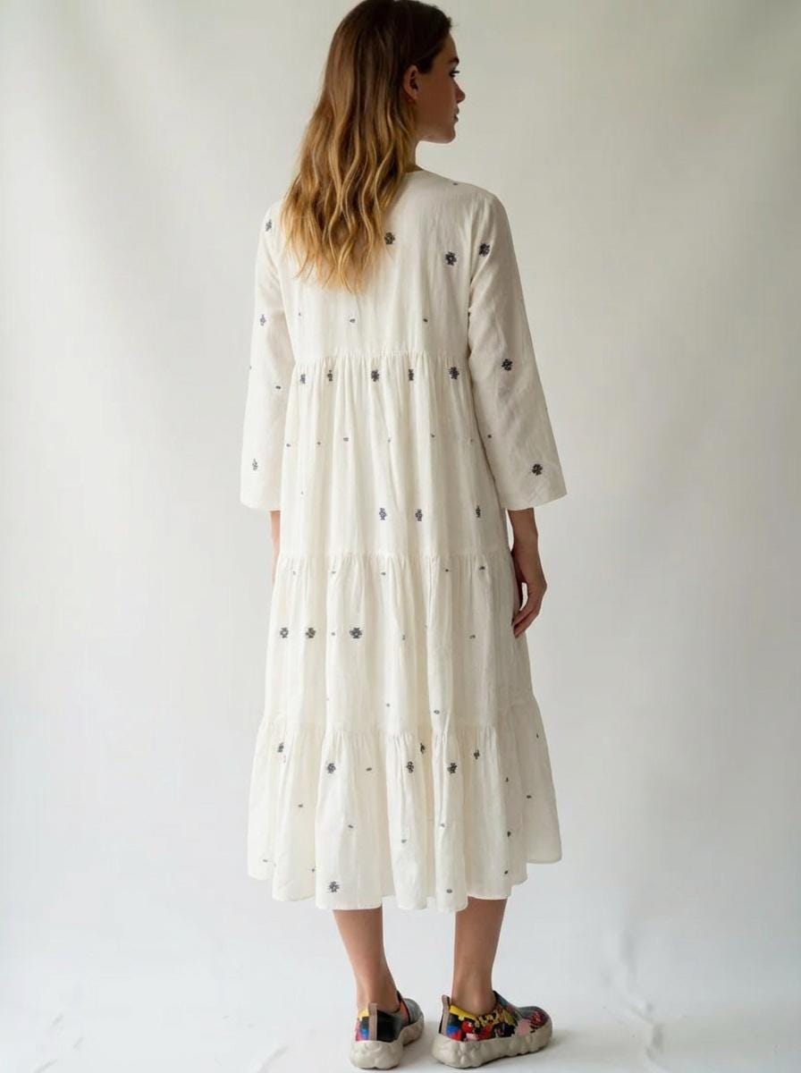 Rhea White Cotton Tiered Midi Dress — view 3
