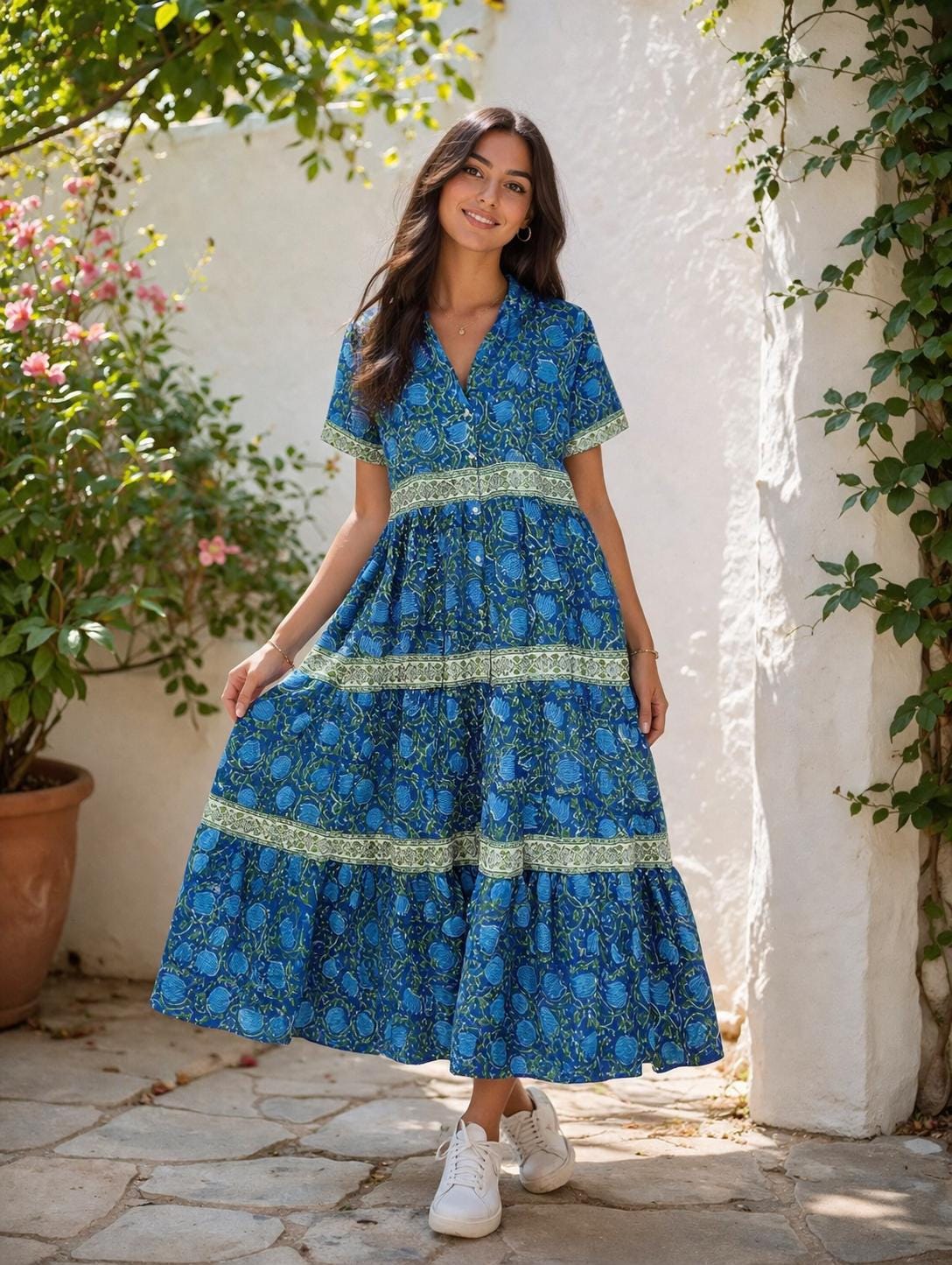 Vivi Blue Cotton Tiered Midi Dress — Brisa's Boutique
