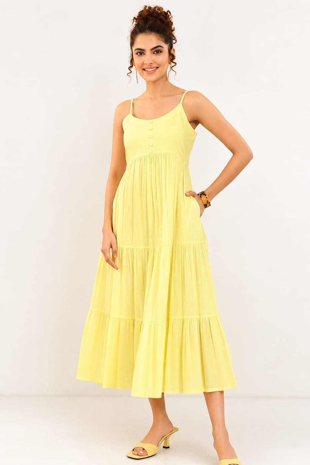 Olive Yellow Cotton Tiered Midi Dress — view 5