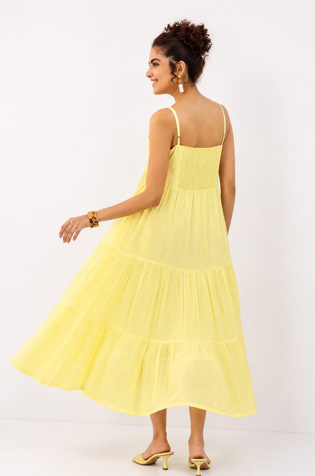 Olive Yellow Cotton Tiered Midi Dress — view 2