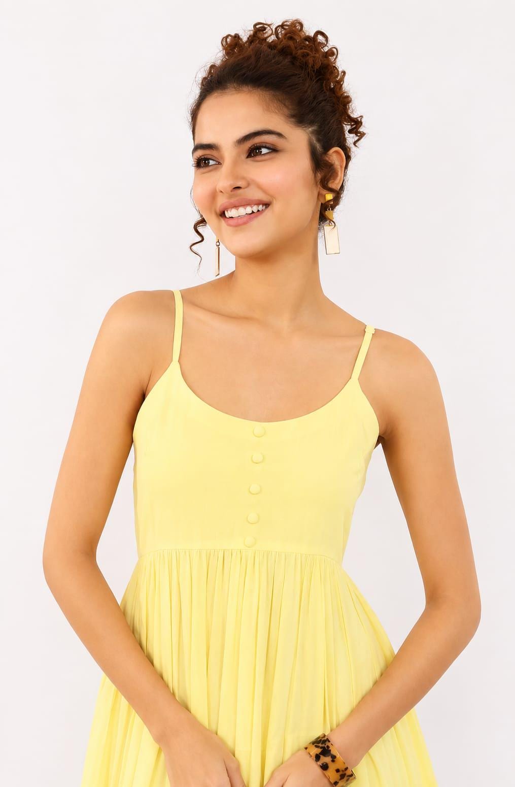 Olive Yellow Cotton Tiered Midi Dress — view 3
