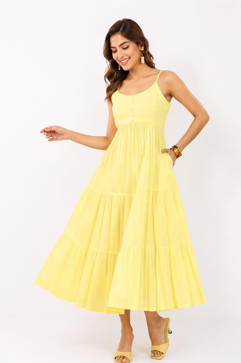 Olive Yellow Cotton Tiered Midi Dress — view 4
