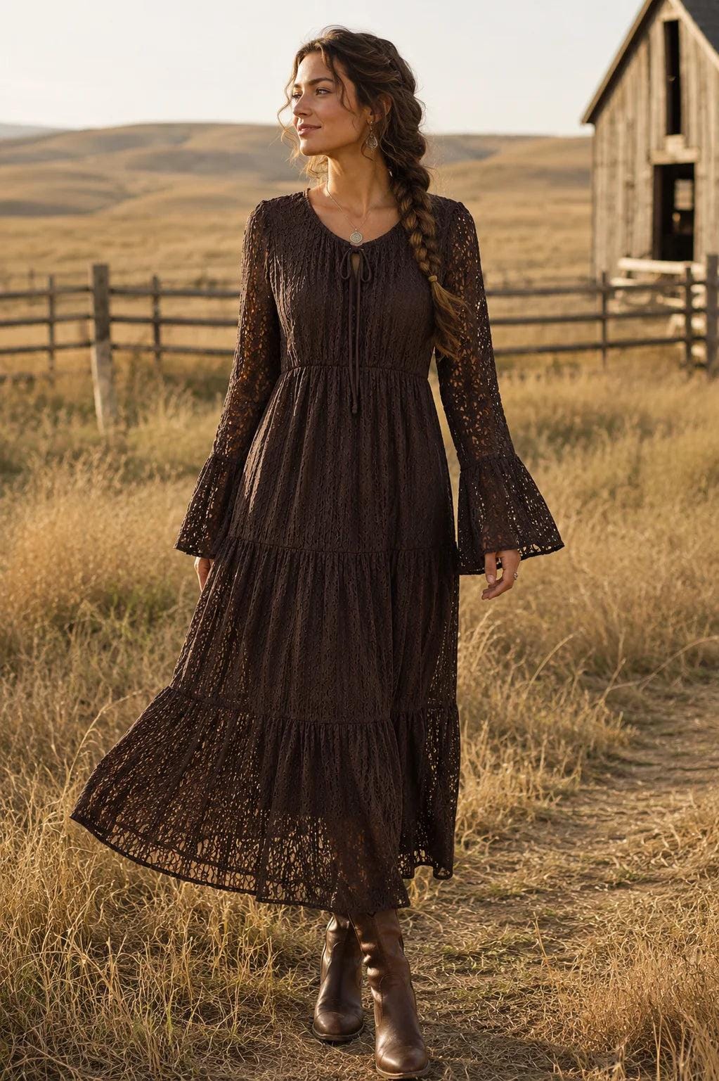 Grace Brown Lace Tiered Maxi Dress — view 3