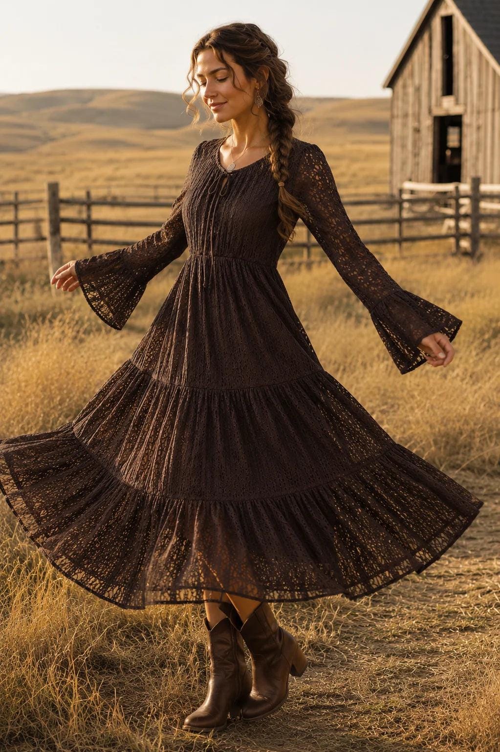 Grace Brown Lace Tiered Maxi Dress — view 4