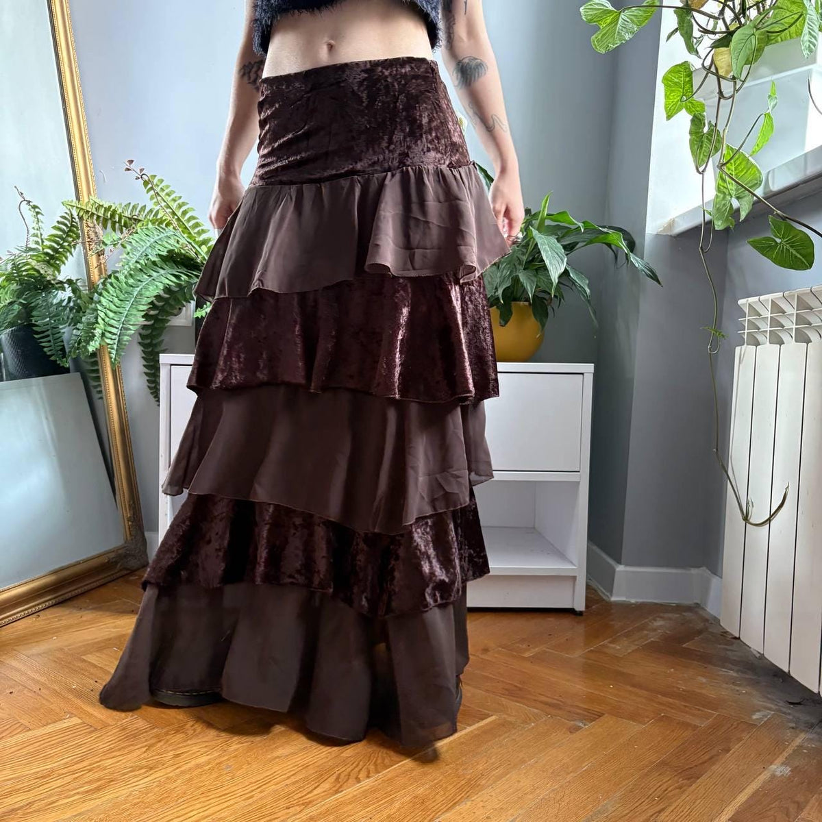 Poppy Brown Velvet Tiered Maxi Skirt — view 6