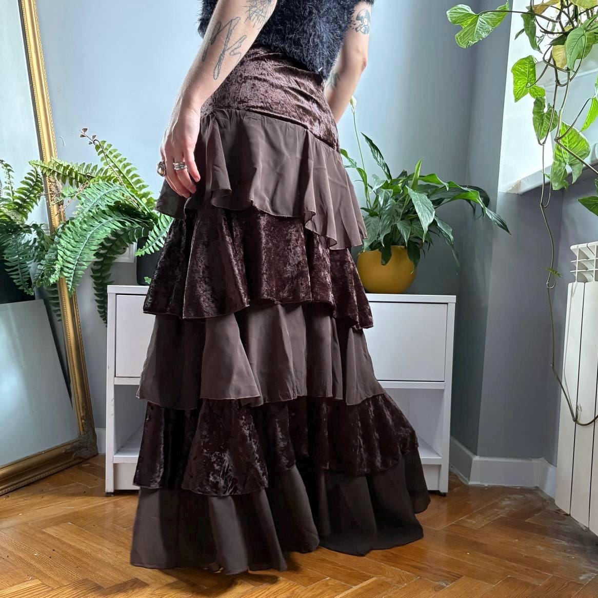 Poppy Brown Velvet Tiered Maxi Skirt — view 3