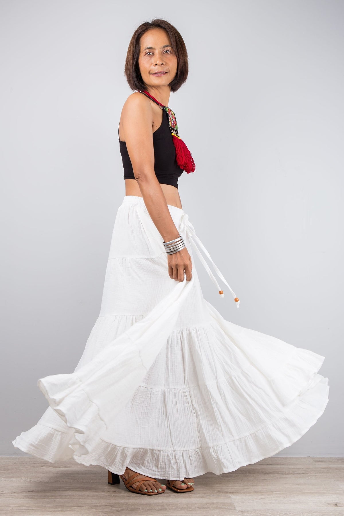 Pearl White Cotton Tiered Maxi Skirt — view 3