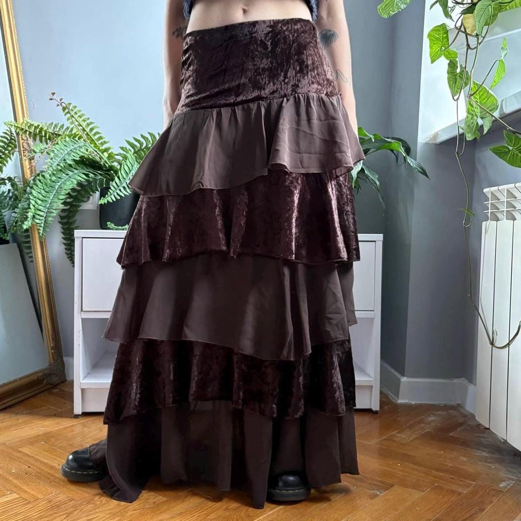 Poppy Brown Velvet Tiered Maxi Skirt — view 4